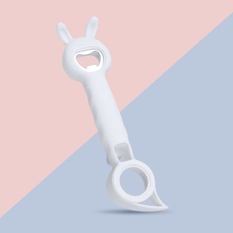 Multifunktionel sød flaskeåbner, fire farver: blå, lyserød, hvid, lilla, ergonomisk 4-i-1 design.