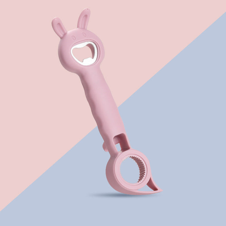 Multifunktionel sød flaskeåbner, fire farver: blå, lyserød, hvid, lilla, ergonomisk 4-i-1 design.