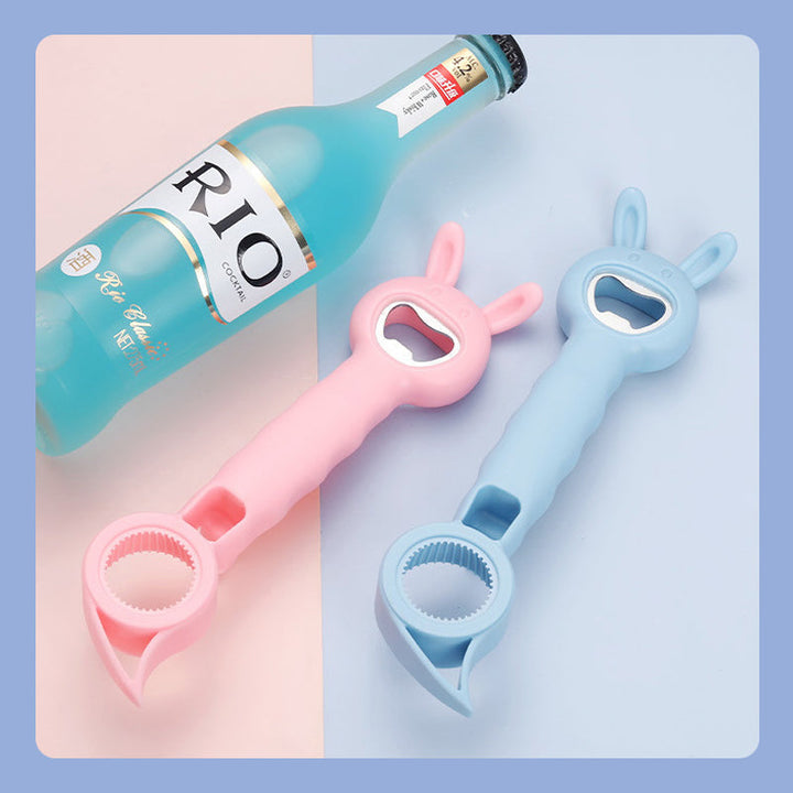 Multifunktionel sød flaskeåbner, fire farver: blå, lyserød, hvid, lilla, ergonomisk 4-i-1 design.