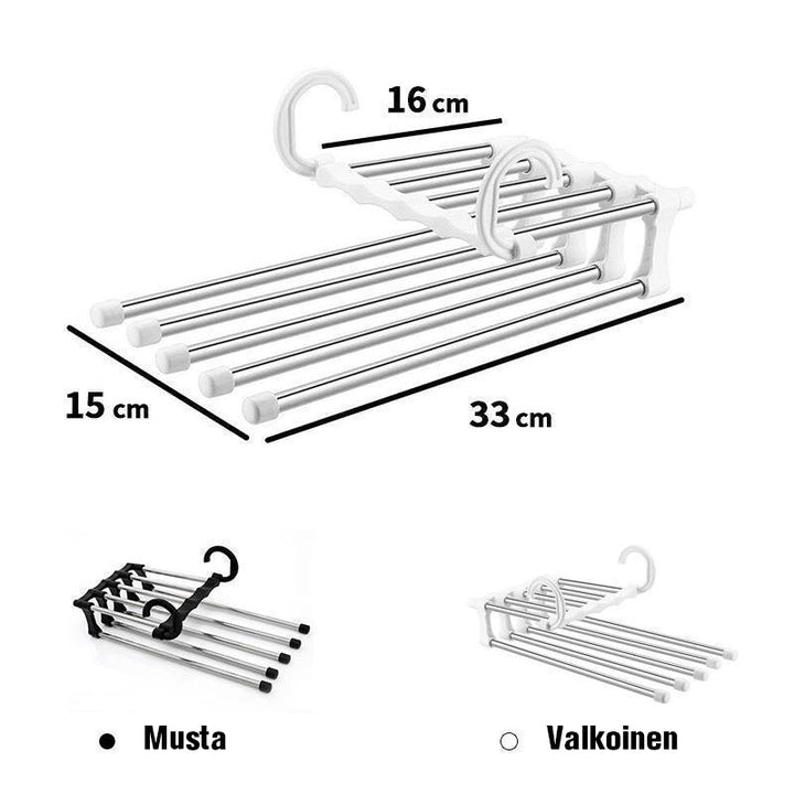 Alsidigt tidsbesparende bøjleholder til garderobe, lavet af stål og plast, pladsbesparende skridsikkert design til fem stykker tøj.
