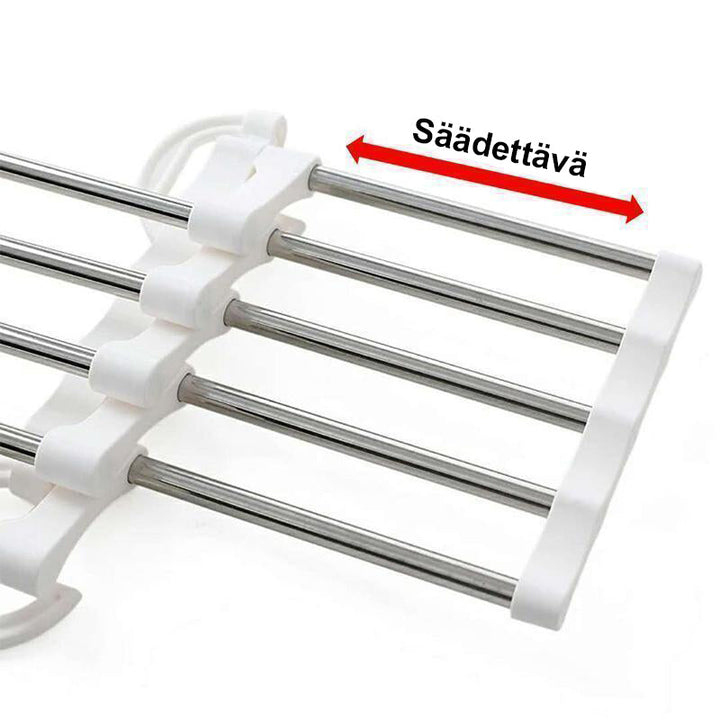 Alsidigt tidsbesparende bøjleholder til garderobe, lavet af stål og plast, pladsbesparende skridsikkert design til fem stykker tøj.