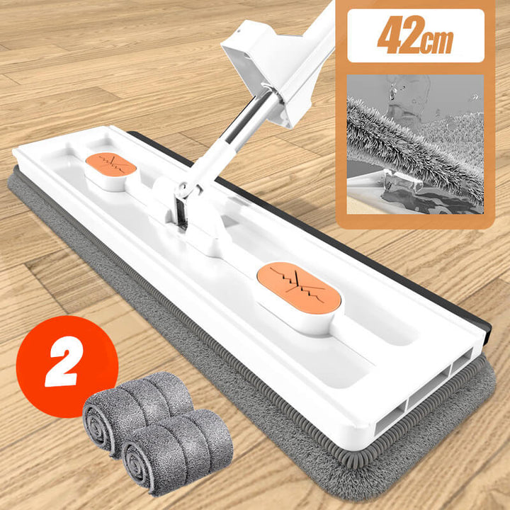 Multifunktionel foldbar moppe, hvid og blå med mikrofiberpuder, langt håndtag og 360° drejeligt moppehoved.