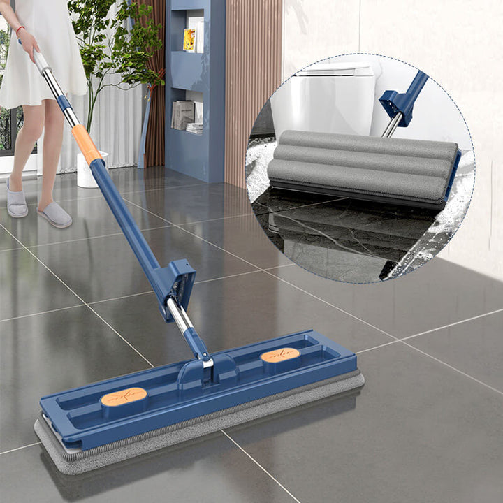 Multifunktionel foldbar moppe, hvid og blå med mikrofiberpuder, langt håndtag og 360° drejeligt moppehoved.