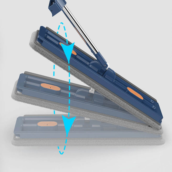 Multifunktionel foldbar moppe, hvid og blå med mikrofiberpuder, langt håndtag og 360° drejeligt moppehoved.
