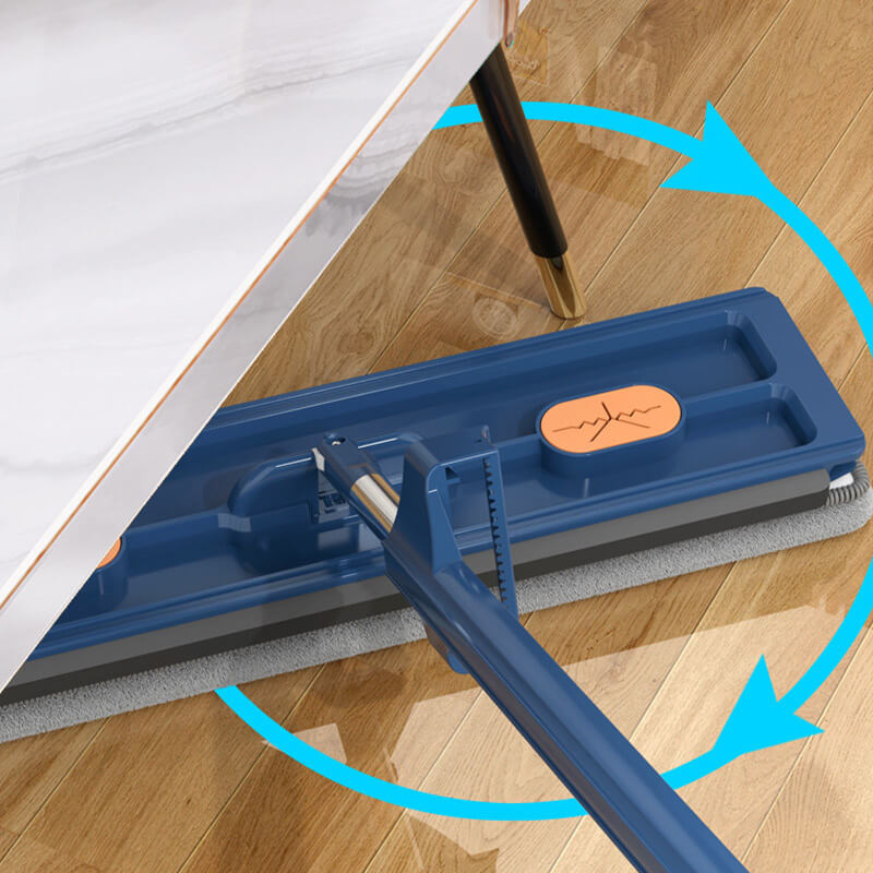 Multifunktionel foldbar moppe, hvid og blå med mikrofiberpuder, langt håndtag og 360° drejeligt moppehoved.