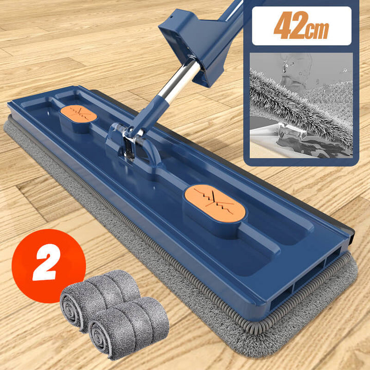 Multifunktionel foldbar moppe, hvid og blå med mikrofiberpuder, langt håndtag og 360° drejeligt moppehoved.