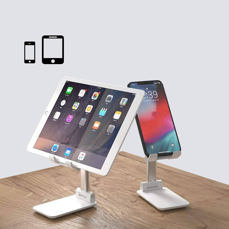Alsidig foldbar mobil- og tabletstativ, hvid, metalramme med justerbar højde og vinkel, passer til 4-7 tommer enheder