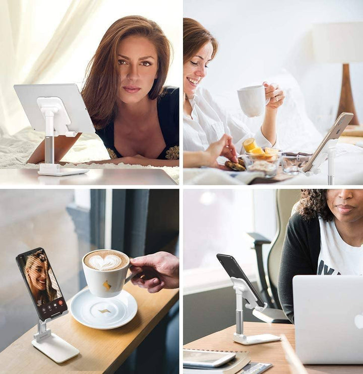 Alsidig foldbar mobil- og tabletstativ, hvid, metalramme med justerbar højde og vinkel, passer til 4-7 tommer enheder