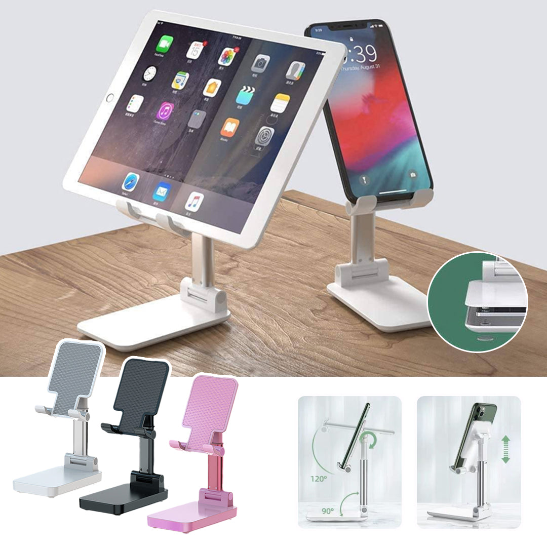 Alsidig foldbar mobil- og tabletstativ, hvid, metalramme med justerbar højde og vinkel, passer til 4-7 tommer enheder