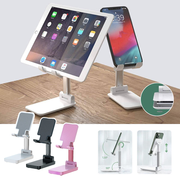 Alsidig foldbar mobil- og tabletstativ, hvid, metalramme med justerbar højde og vinkel, passer til 4-7 tommer enheder