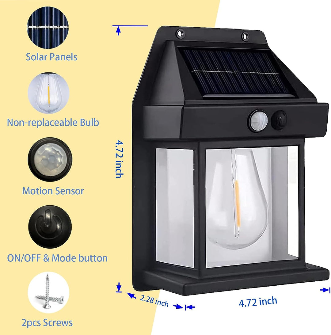 Alsidig udendørs solcellelampe med bevægelsessensor, sort eller hvid, stilfuldt design, IP65-beskyttelse.