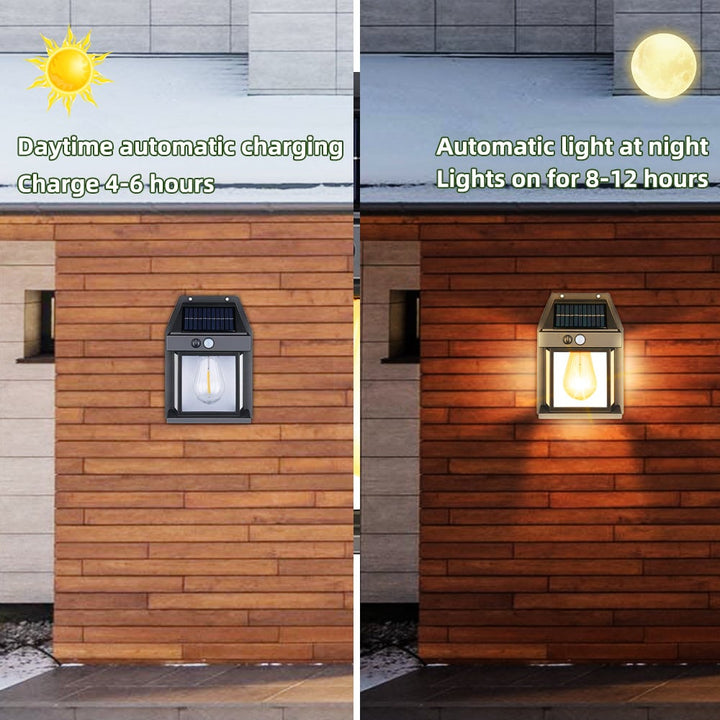 Alsidig udendørs solcellelampe med bevægelsessensor, sort eller hvid, stilfuldt design, IP65-beskyttelse.