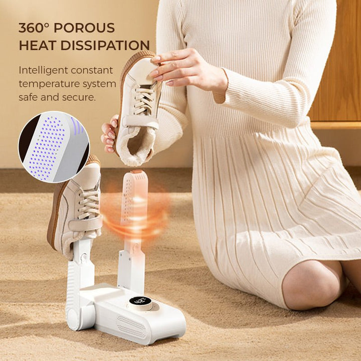 Monikäyttöinen valkoinen kokoontaitettava kengänkuivain UV-steriloinnilla, moderni design, poistaa kosteuden ja hajut.