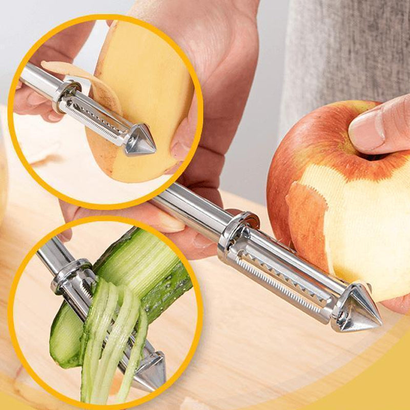 Monikäyttöinen vihannesten kuorintakone, ruostumaton teräs, terävät terät, moderni muotoilu, liukumaton kahva, keittiöväline.