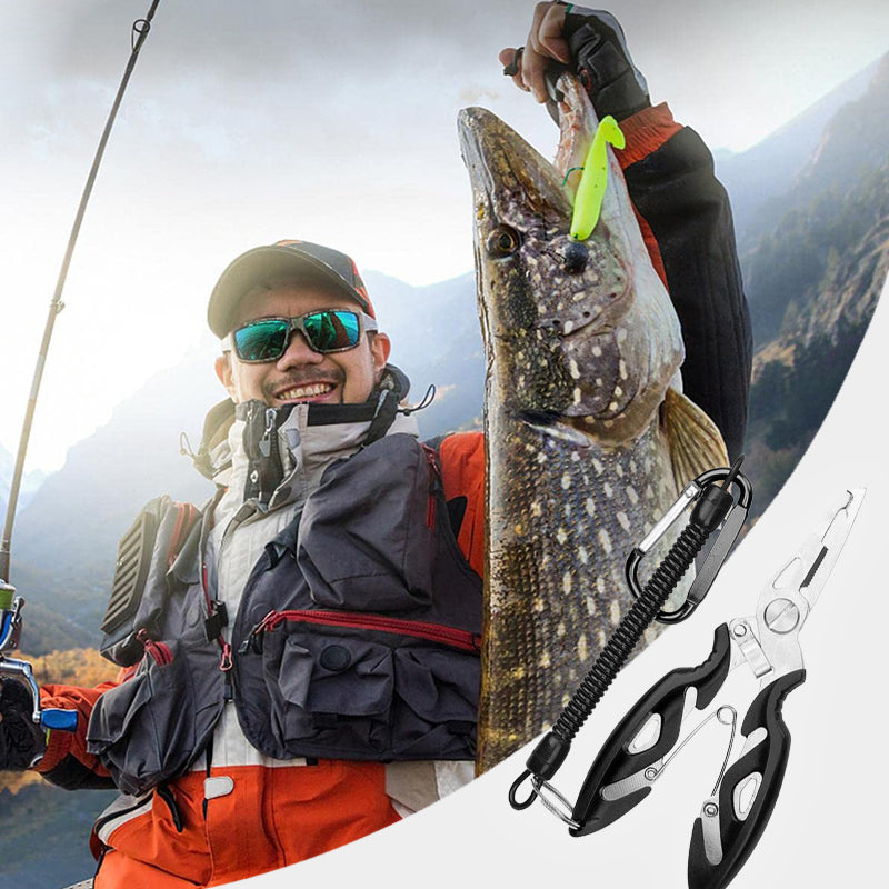 "Monikäyttöiset kalastuspihdit miehille, ruostumatonta terästä, keltaiset kumikahvat, siiman leikkuri ja koukun poistaja."