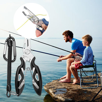 "Monikäyttöiset kalastuspihdit miehille, ruostumatonta terästä, keltaiset kumikahvat, siiman leikkuri ja koukun poistaja."