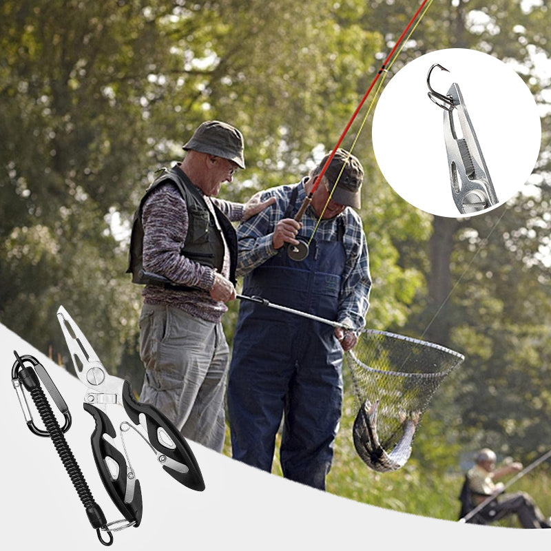 "Monikäyttöiset kalastuspihdit miehille, ruostumatonta terästä, keltaiset kumikahvat, siiman leikkuri ja koukun poistaja."