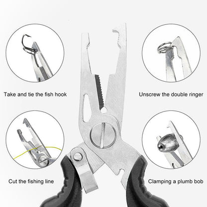 "Monikäyttöiset kalastuspihdit miehille, ruostumatonta terästä, keltaiset kumikahvat, siiman leikkuri ja koukun poistaja."