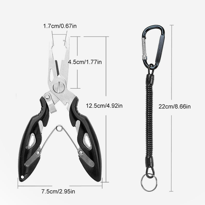 "Monikäyttöiset kalastuspihdit miehille, ruostumatonta terästä, keltaiset kumikahvat, siiman leikkuri ja koukun poistaja."