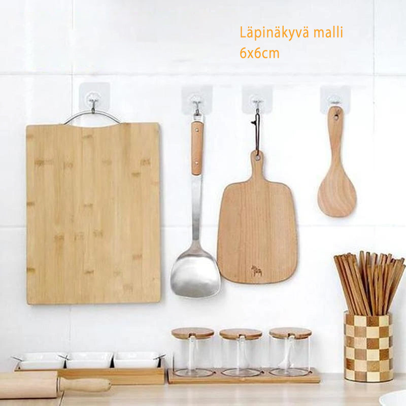 Multifunktionelle klare klæbekroge, minimalistisk design, velegnet til ophængning af køkkenredskaber og tøj.