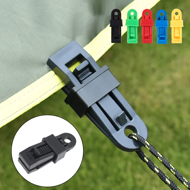 Multifunktionelle tarp clips til udendørs brug, sorte, savtakket klemme, strømlinet design, holdbar PA-plastik.