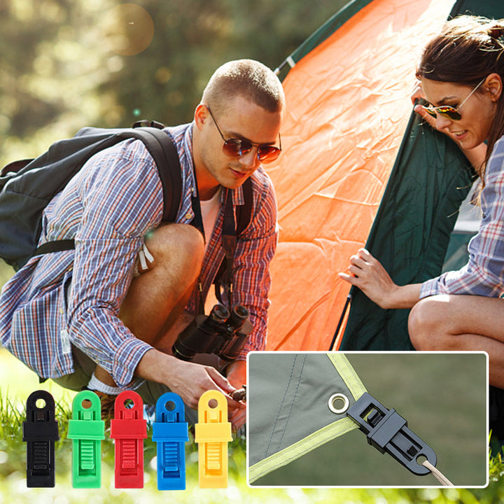 Multifunktionelle tarp clips til udendørs brug, sorte, savtakket klemme, strømlinet design, holdbar PA-plastik.
