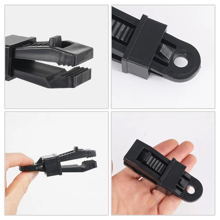 Multifunktionelle tarp clips til udendørs brug, sorte, savtakket klemme, strømlinet design, holdbar PA-plastik.