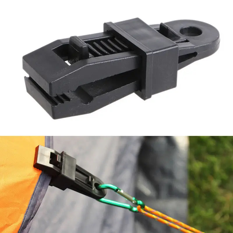 Multifunktionelle tarp clips til udendørs brug, sorte, savtakket klemme, strømlinet design, holdbar PA-plastik.