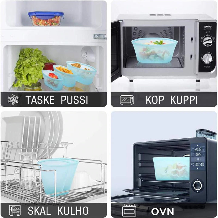 Monikäyttöiset silikoniset ruoan säilytyspussit ja kulhot eri väreissä, kestävät mikroaaltouunia ja astianpesukonetta.