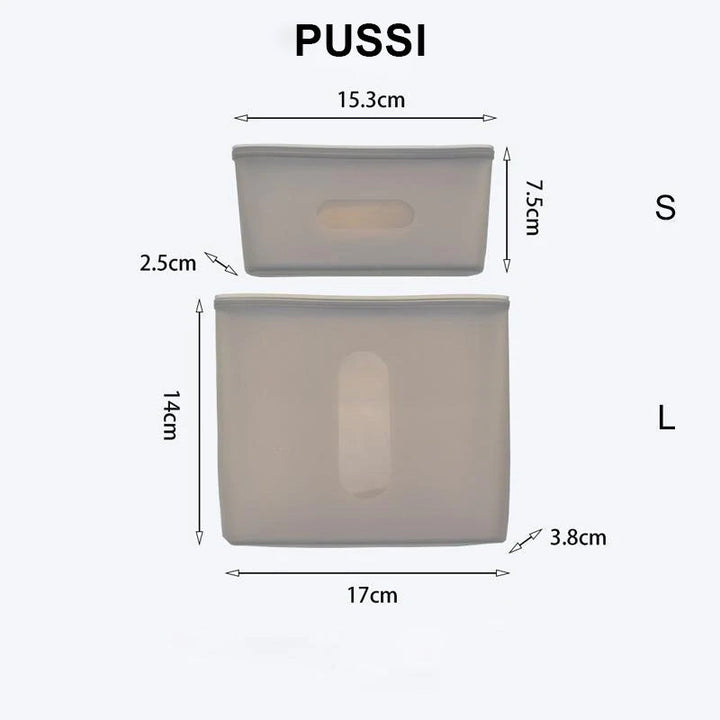 Monikäyttöiset silikoniset ruoan säilytyspussit ja kulhot eri väreissä, kestävät mikroaaltouunia ja astianpesukonetta.