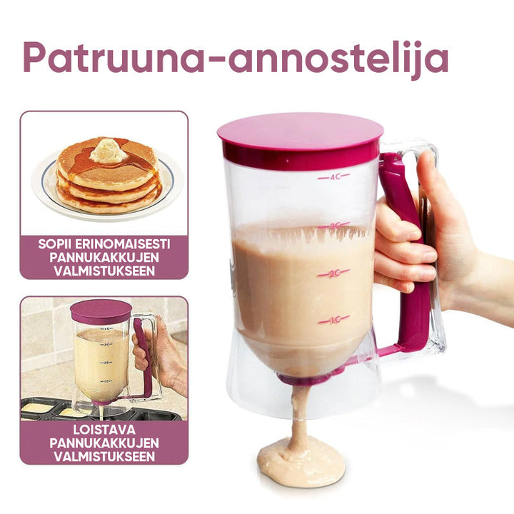Alsidig pandekage- og muffindispenser, bred åbning, hurtigtlukkende ventil, hvid plastikkrop.