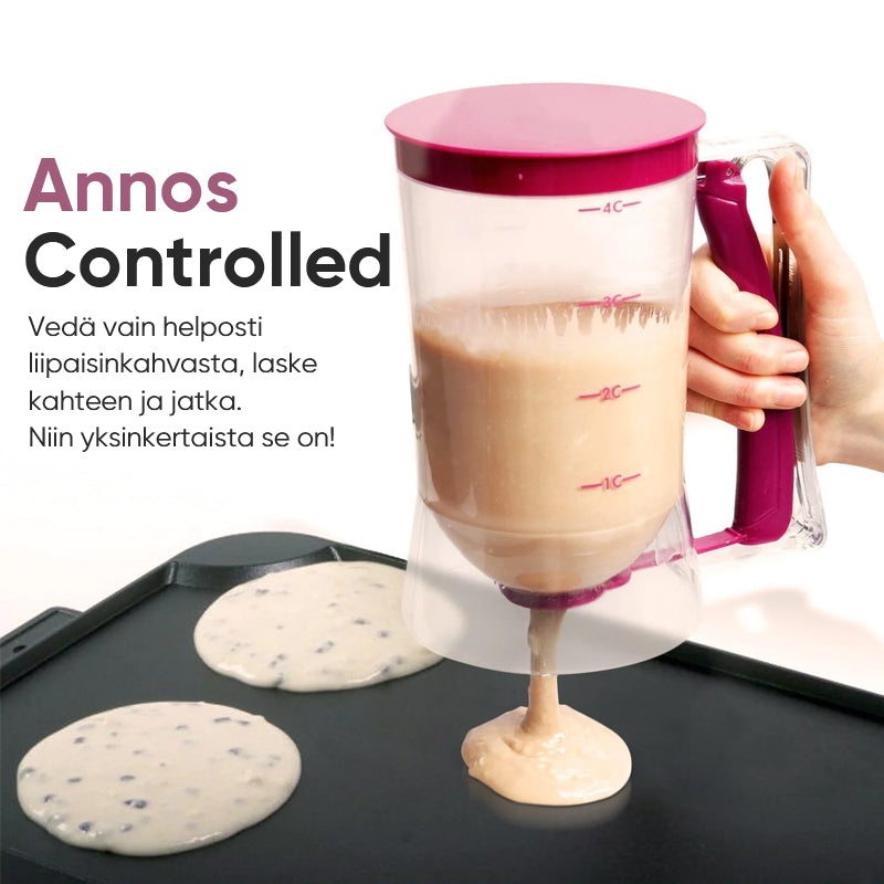Alsidig pandekage- og muffindispenser, bred åbning, hurtigtlukkende ventil, hvid plastikkrop.