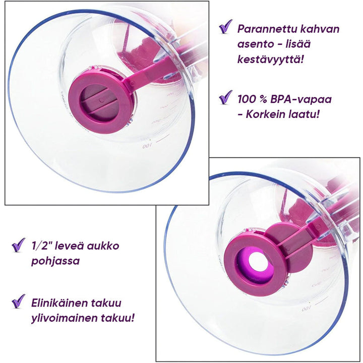 Alsidig pandekage- og muffindispenser, bred åbning, hurtigtlukkende ventil, hvid plastikkrop.