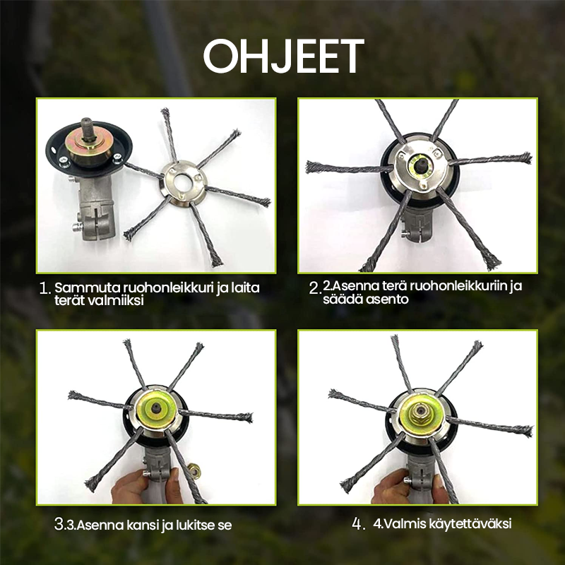Multifunktionelt ståktrådsklippehoved til havearbejde, grå knive, velegnet til stenet terræn til ukrudtsbekæmpelse.