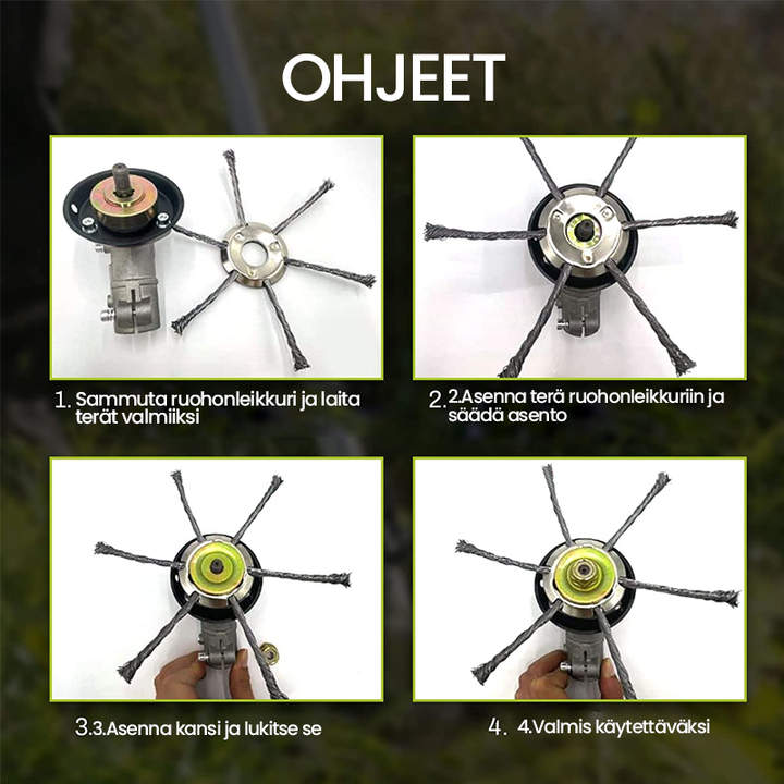 Multifunktionelt ståktrådsklippehoved til havearbejde, grå knive, velegnet til stenet terræn til ukrudtsbekæmpelse.