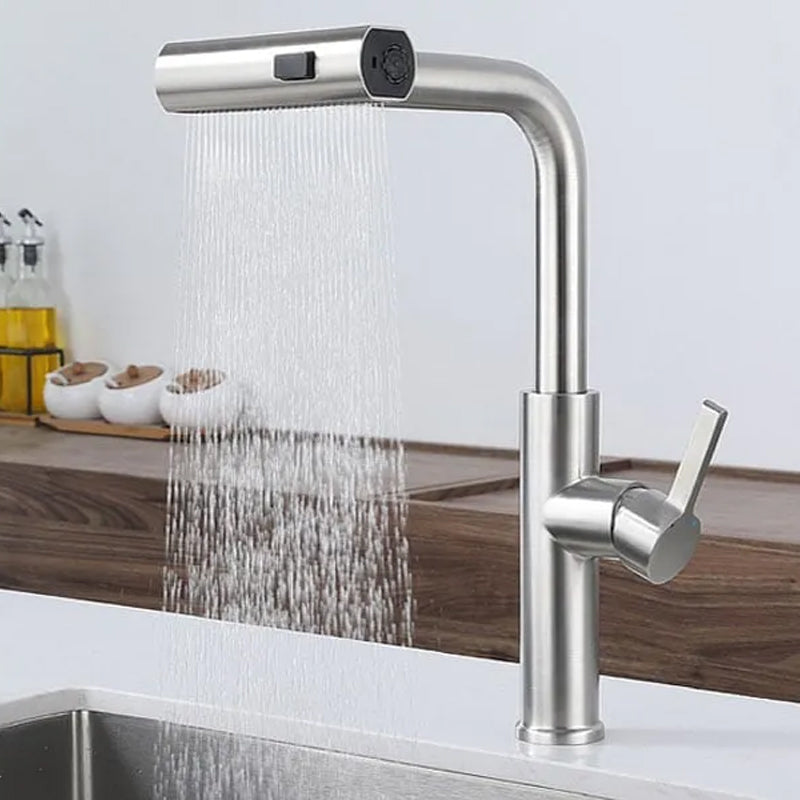 Alsidigt vandfald køkkenarmatur, bevægelig tud, moderne design, rustfrit stål, elegant og praktisk.
