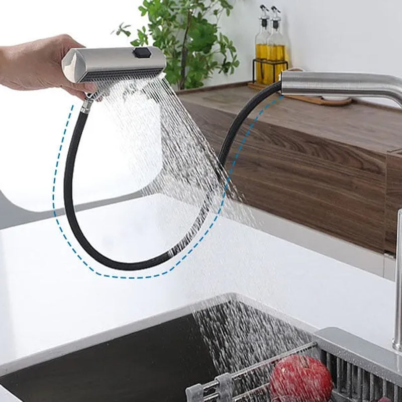 Alsidigt vandfald køkkenarmatur, bevægelig tud, moderne design, rustfrit stål, elegant og praktisk.