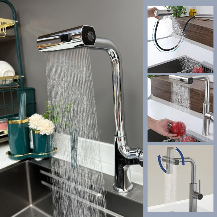 Alsidigt vandfald køkkenarmatur, bevægelig tud, moderne design, rustfrit stål, elegant og praktisk.