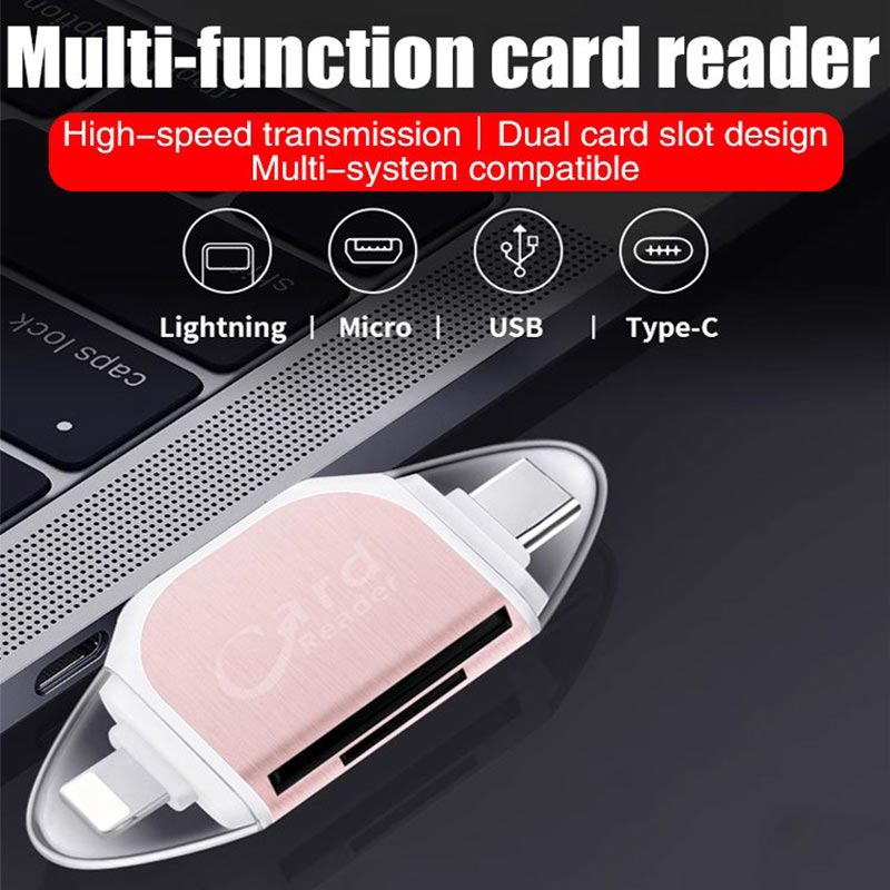 "Monitoiminen 4-in-1 kortinlukija, musta tai ruusukulta, tukeva sinkkiseos, USB, Lightning, Micro-USB yhteensopiva."