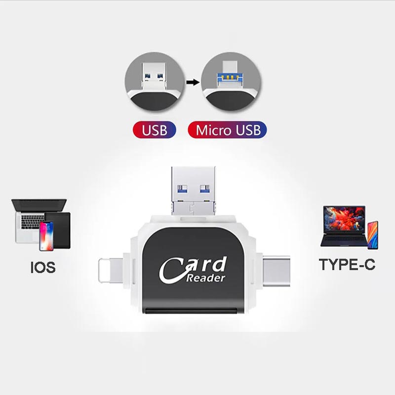 "Monitoiminen 4-in-1 kortinlukija, musta tai ruusukulta, tukeva sinkkiseos, USB, Lightning, Micro-USB yhteensopiva."