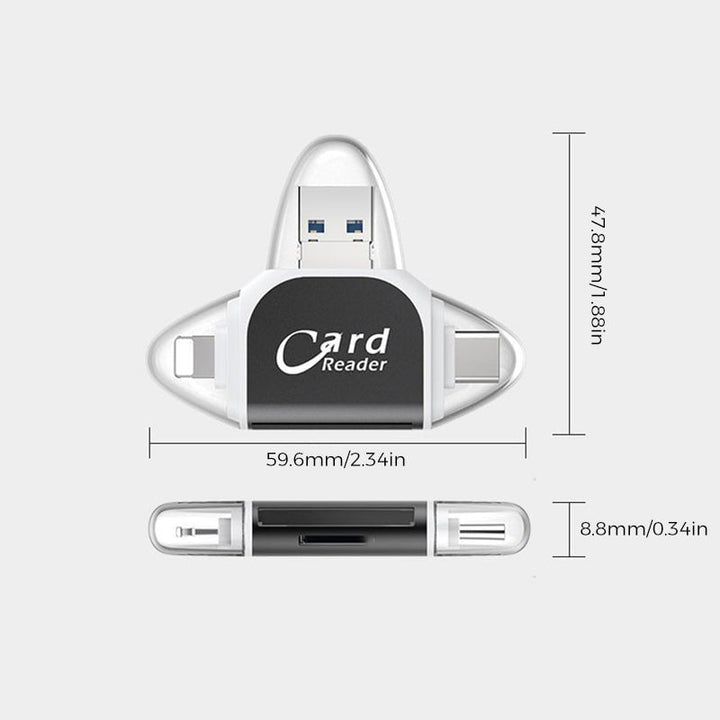 "Monitoiminen 4-in-1 kortinlukija, musta tai ruusukulta, tukeva sinkkiseos, USB, Lightning, Micro-USB yhteensopiva."