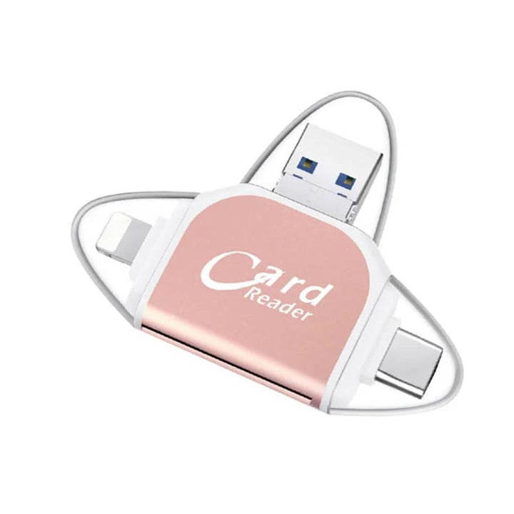 "Monitoiminen 4-in-1 kortinlukija, musta tai ruusukulta, tukeva sinkkiseos, USB, Lightning, Micro-USB yhteensopiva."