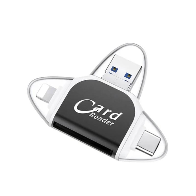 "Monitoiminen 4-in-1 kortinlukija, musta tai ruusukulta, tukeva sinkkiseos, USB, Lightning, Micro-USB yhteensopiva."