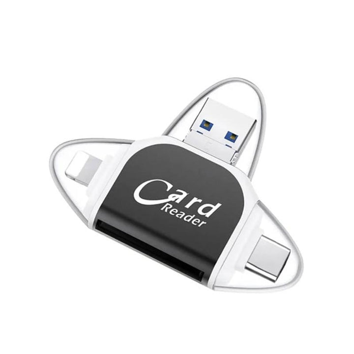 "Monitoiminen 4-in-1 kortinlukija, musta tai ruusukulta, tukeva sinkkiseos, USB, Lightning, Micro-USB yhteensopiva."