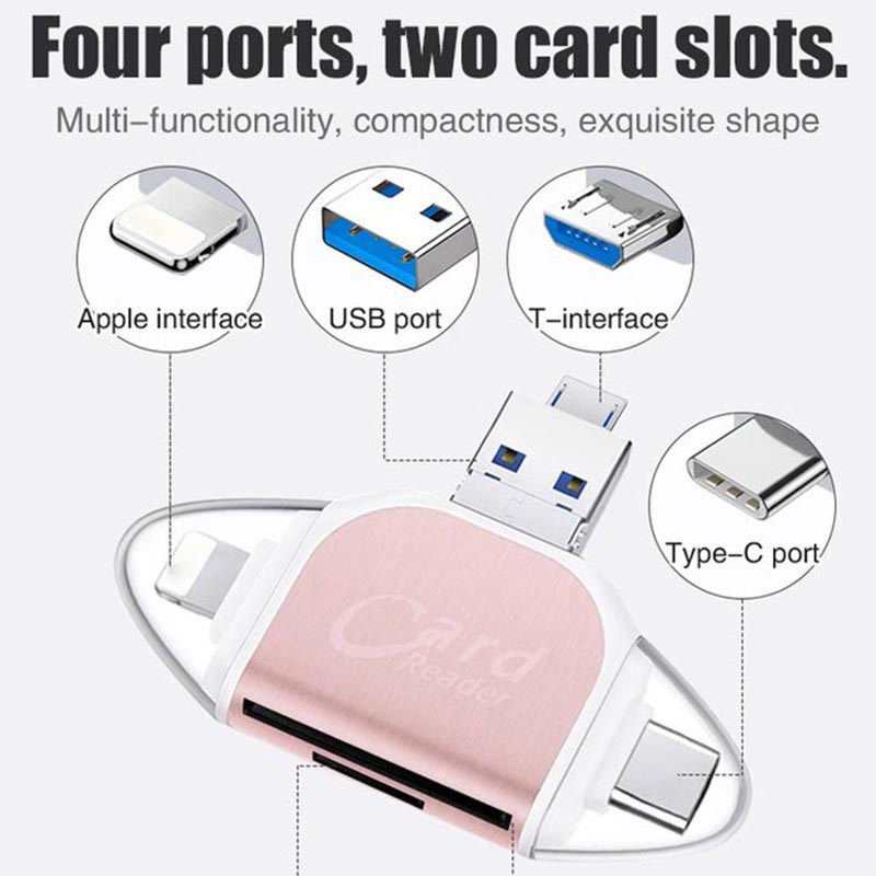 "Monitoiminen 4-in-1 kortinlukija, musta tai ruusukulta, tukeva sinkkiseos, USB, Lightning, Micro-USB yhteensopiva."