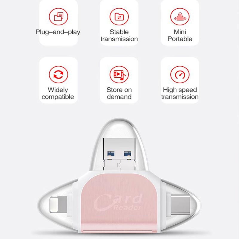 "Monitoiminen 4-in-1 kortinlukija, musta tai ruusukulta, tukeva sinkkiseos, USB, Lightning, Micro-USB yhteensopiva."