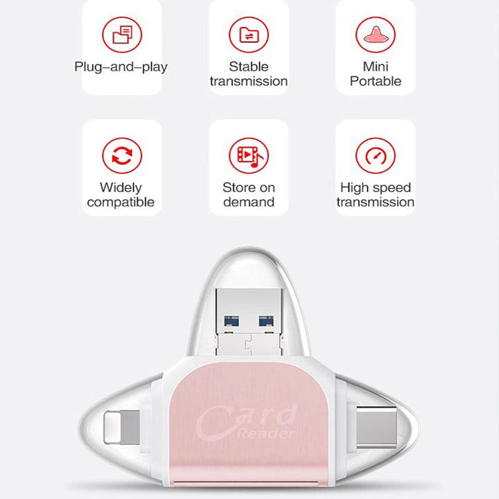 "Monitoiminen 4-in-1 kortinlukija, musta tai ruusukulta, tukeva sinkkiseos, USB, Lightning, Micro-USB yhteensopiva."