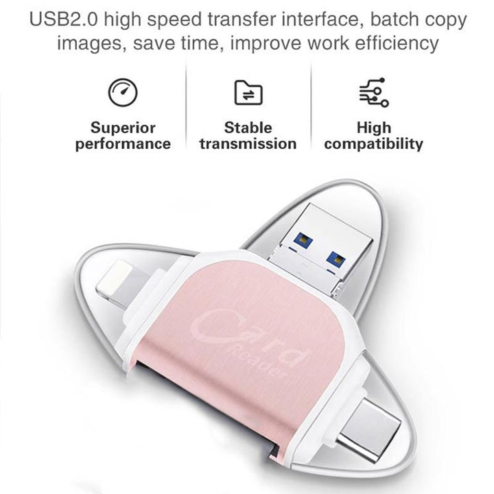 "Monitoiminen 4-in-1 kortinlukija, musta tai ruusukulta, tukeva sinkkiseos, USB, Lightning, Micro-USB yhteensopiva."