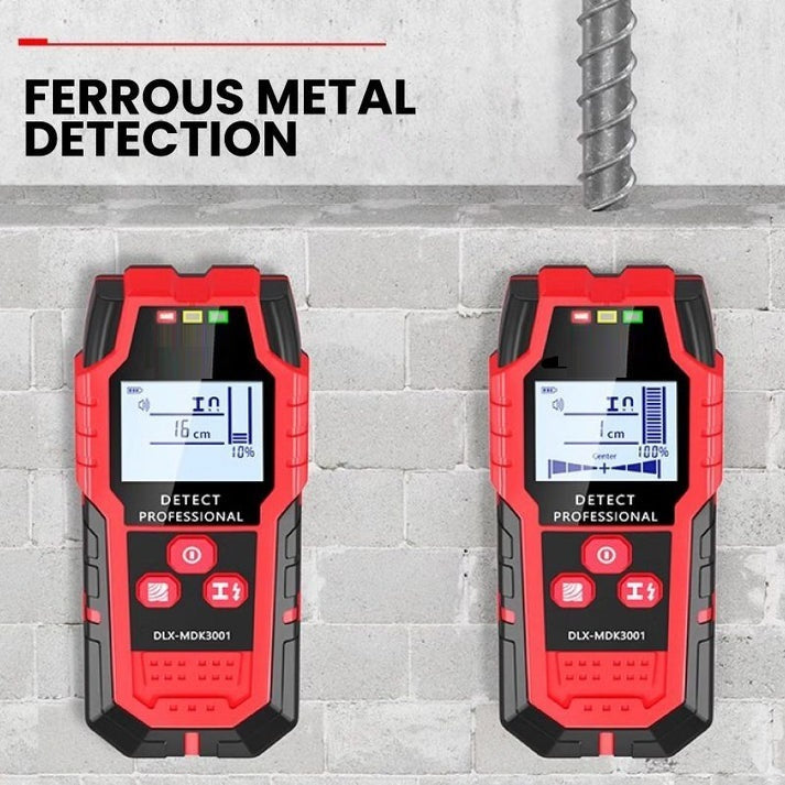 Multifunktionel 4-i-1 vægscanner, grå enhed med kompakt design, i brug på en træoverflade, med laser afstandsmåling.