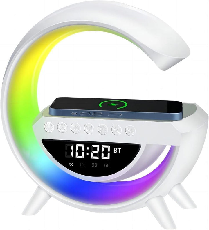 "Monitoiminen LED-langaton laturi ja kaiutin, moderni muotoilu, LED-valo, Bluetooth-kaiutin, langaton lataus."